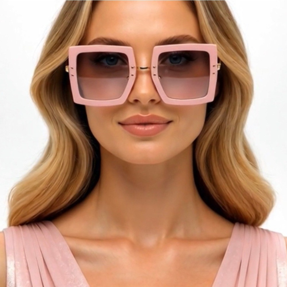 Womens Oversized Square Sunglasses Pink Matte Frame Gradient Lens Gold Hardware‎